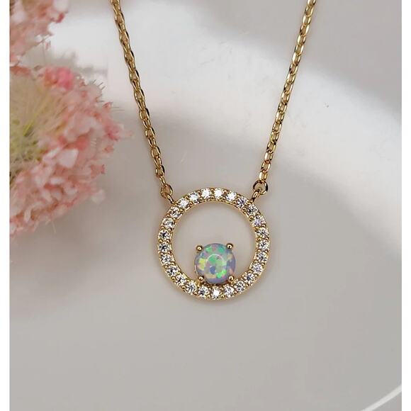 Blue Opal in CZ Halo 14k Gold Plated - Picture 1 of 6